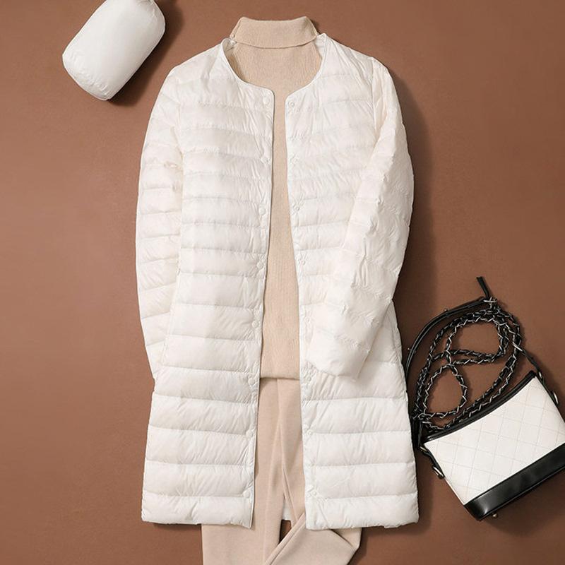 Large size light and thin down jacket women's medium and long autumn and winter warm round neck hidden button thin casual liner jacket tide