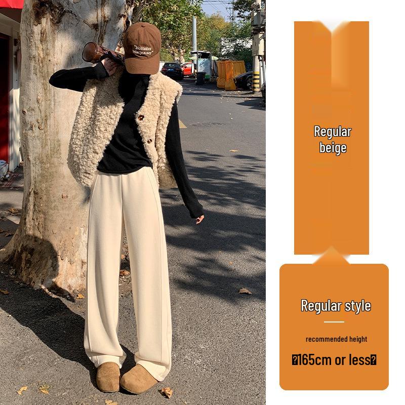 Off-white Wool High-Waisted Wide-Leg Pants for Women - Autumn/Winter, Plus Velvet, Slimming Fit.