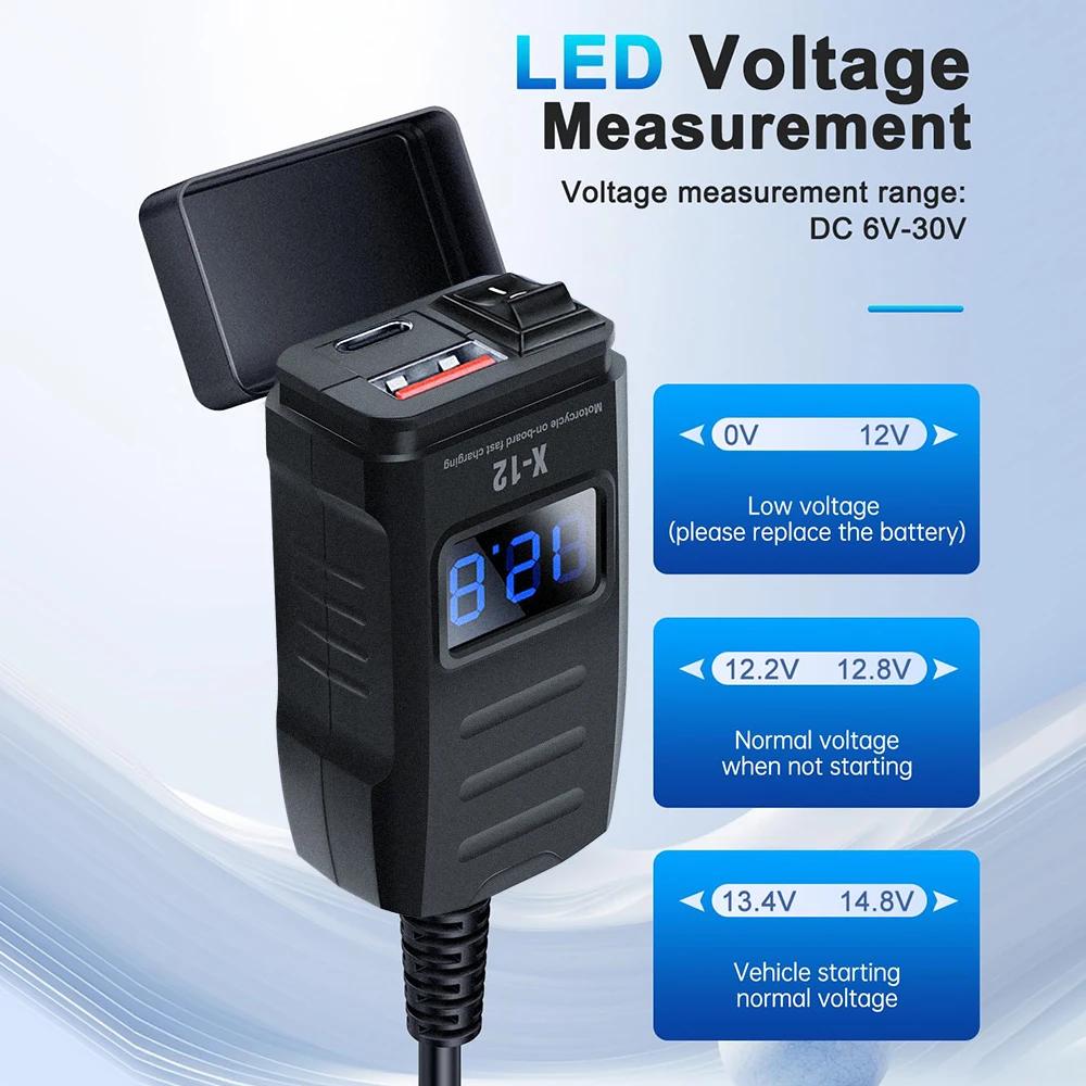 48W PD QC3.0 Motorcycle Charger Dual Ports with Voltmeter & Switch 12V-24V USB Type C Waterproof SAE Handlebar Power Adapter