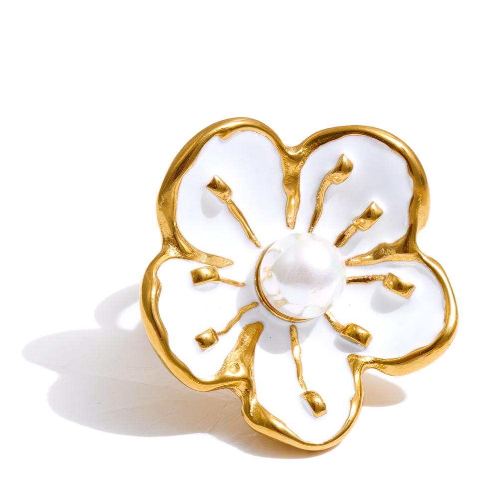 

Yhpup Popular Style White Enamel Pearl Korean Flower Earrings Ring Set Stainless Steel Daily Arrivals Jewelry Water Resistant