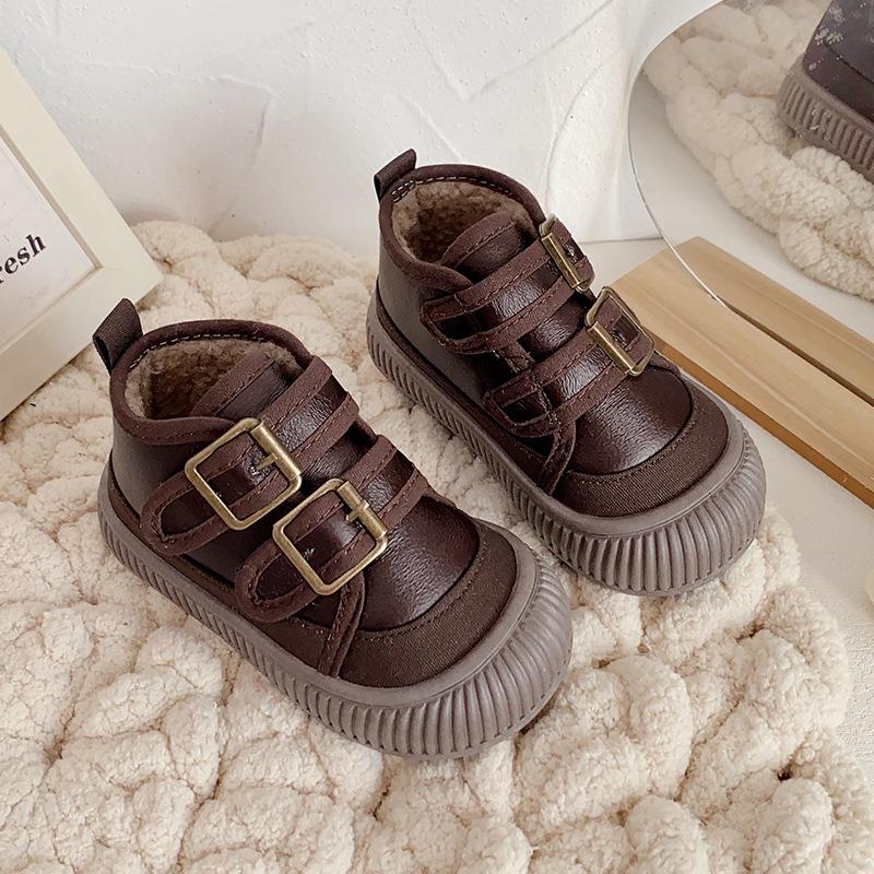 Winter Mid-cut Cotton Shoes for Children, Plus Velvet Soft-soled Casual Shoes for Boys and Girls, Velcro Cotton Shoes