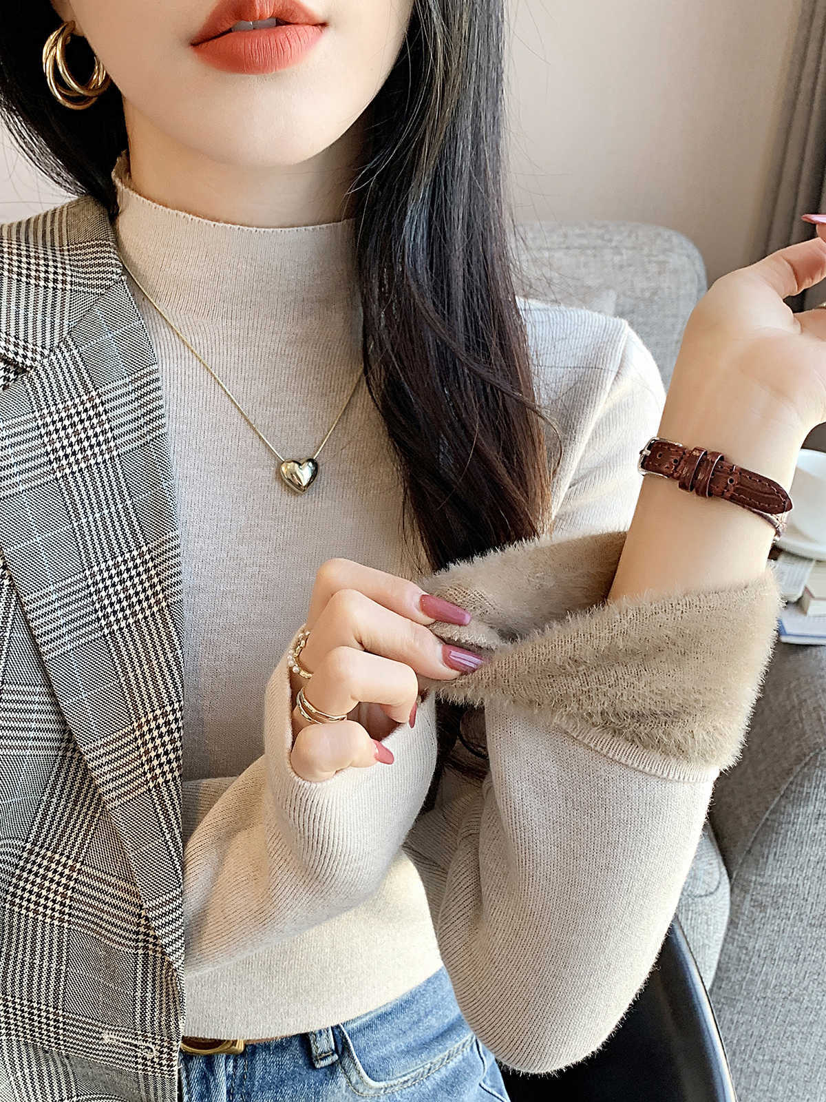 Зимний флисовый утолщенный свитер, базовая рубашка, женский внутренний цельный флисовый трикотажный топ с полувысоким воротником S