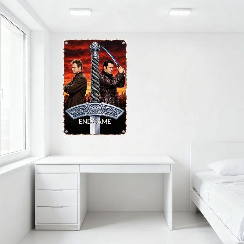 Endgame Movie Promotional Metal Tin Sign - Vintage Epic Sunset City Skyline Poster with Ornate Sword & Two Men for Home Bar Club