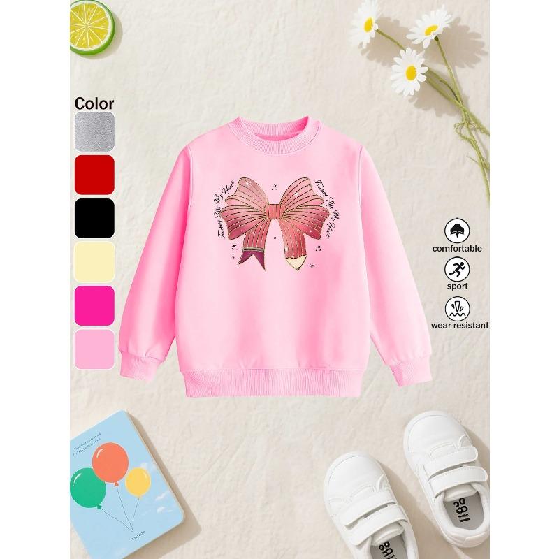 European sizes Bow Children's Crewneck Sweatshirt, Casual Long-sleeve Crewneck Pullover with Slightly Stretchy Fabric