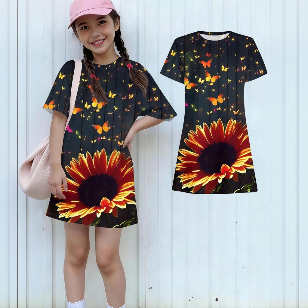 Girls Print Casual Dress Kids Loose Round Neck Short Sleeve Thin Sundress