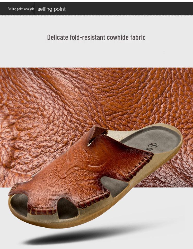 Plus Size Men's Breathable Leather Closed-Toe Sandals - Lightweight One-Strap Casual Beach Shoes