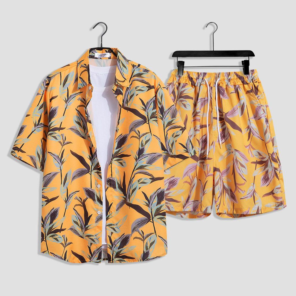 Hawaiian Floral Beach Set: Men's Loose-Fit Plus Size Short Sleeve Shirt & Casual Shorts
