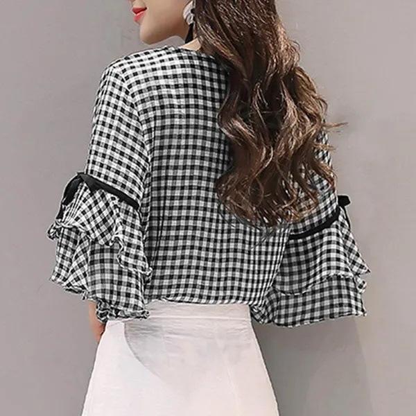 GMXIA Dámský top s volánovými rukávy a lemem, dámská sváteční kostkovaná košile