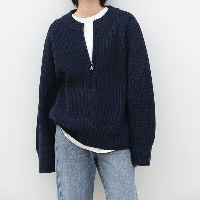 Unisex Navy Blue Jacket-Style Knit Cardigan - Japanese Niche, Autumn/Winter, Loose Fit, Round Neck Sweater Coat