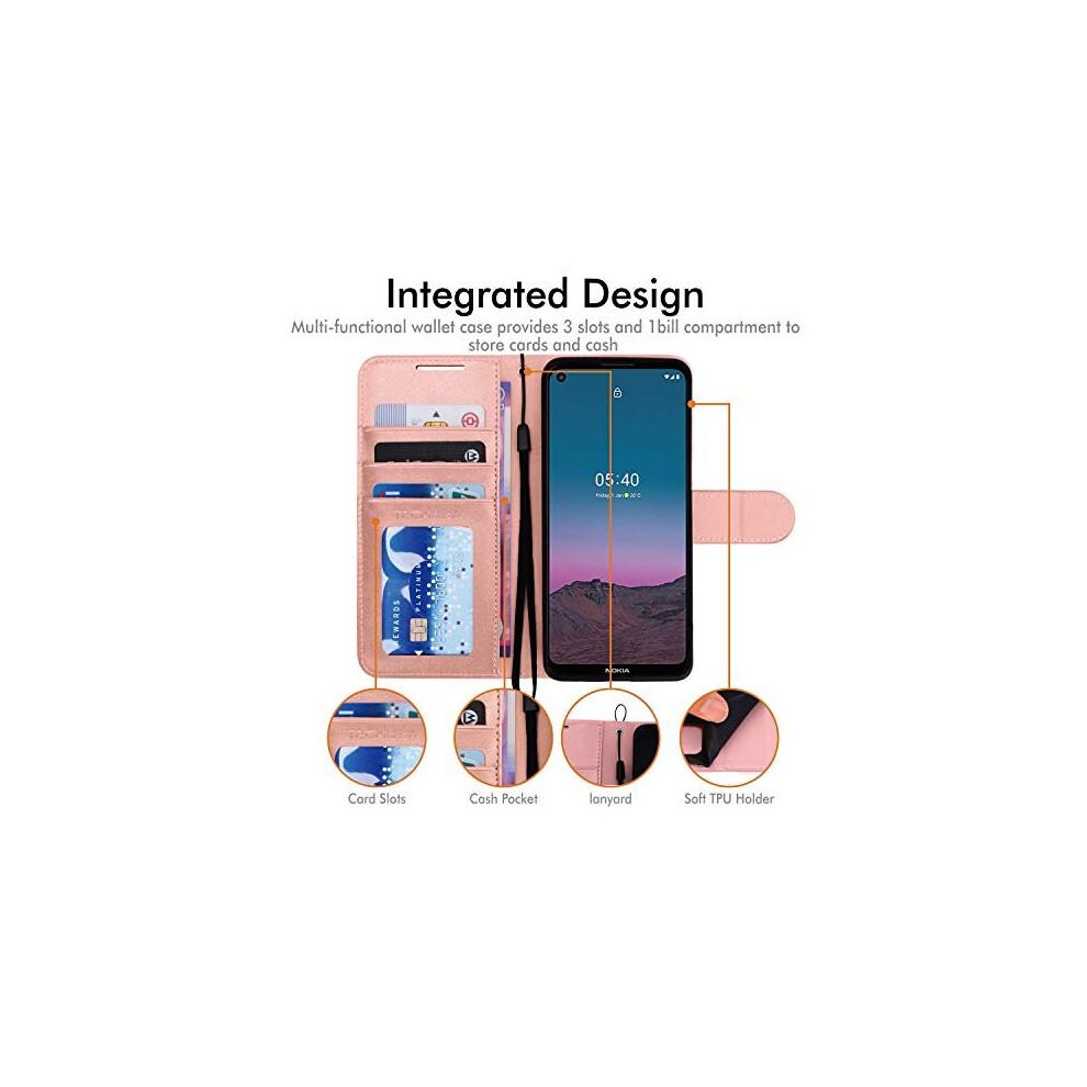 (Roségold) Portemonnaie-Hülle passend für Nokia 5.4 - Leder-Portemonnaie-Flip-Schutzhülle mit Kartenfächern, Ständer und Armband - PU-Leder-Flip-Abdeckung