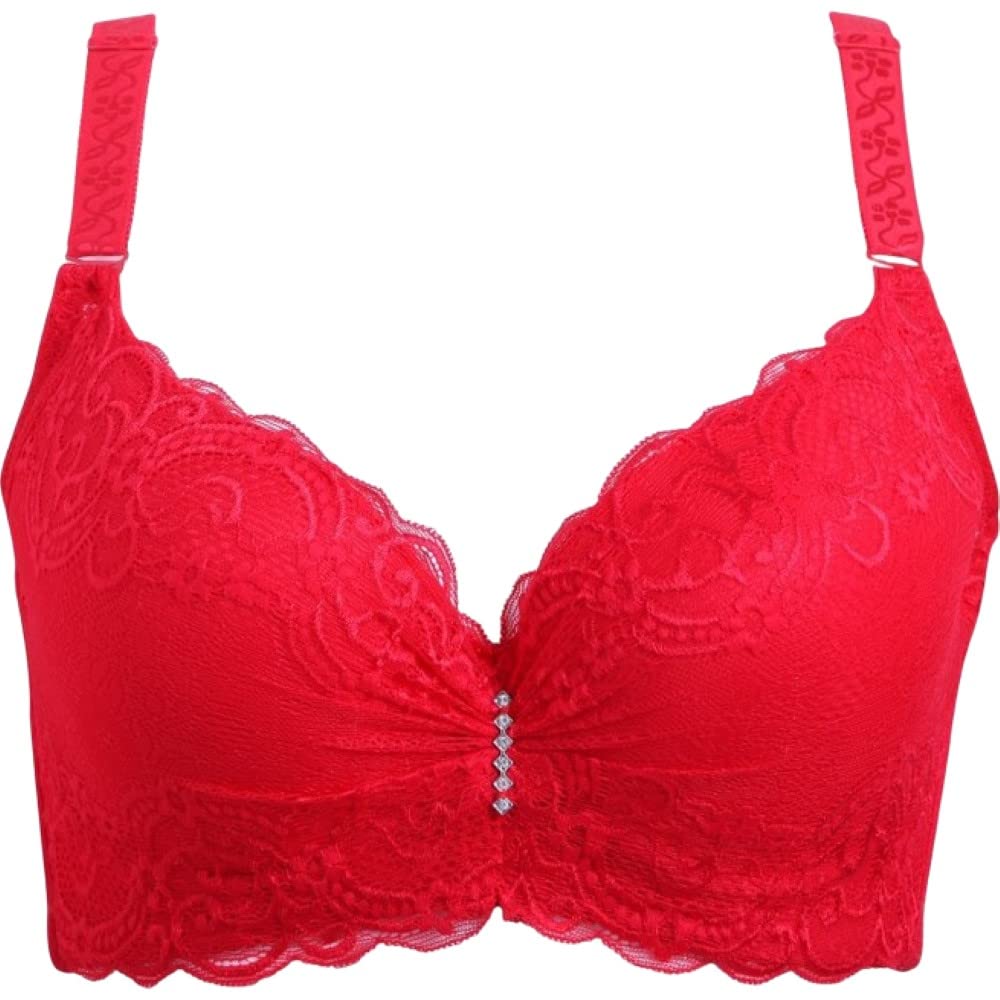 

Plus Nao Бюстгальтер с косточками, кружевной, с цветочным принтом, высокий, уменьшает боковой размер, женский, чашка 3/4, застежка на крючки и петли сзади, в комплекте, принт, боковины, наполнитель, красный, 42/95D