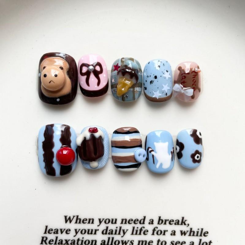Short Square Press-On Nails With Hand-Painted Cute Cat Eye Design Sweet Ins Style Nail Art Women Extra Small
