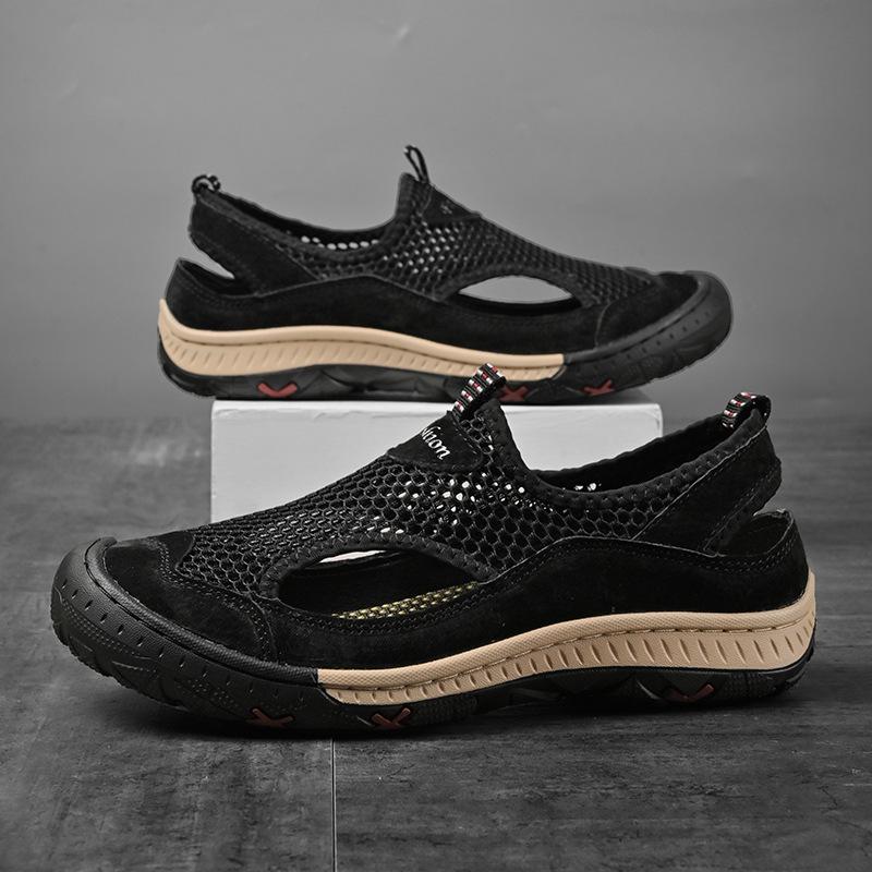 

2025 summer large size handmade one-pedal casual shoes for men, breathable and versatile, never degummed mesh shoes for men 38 чёрный