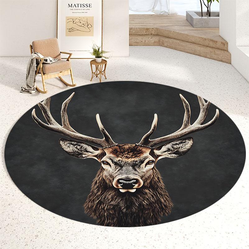 Flannel Printed Round Rug With Deer Head Design For Home Decor Soft Floor Mat Wildlife Art Theme Modern Interior