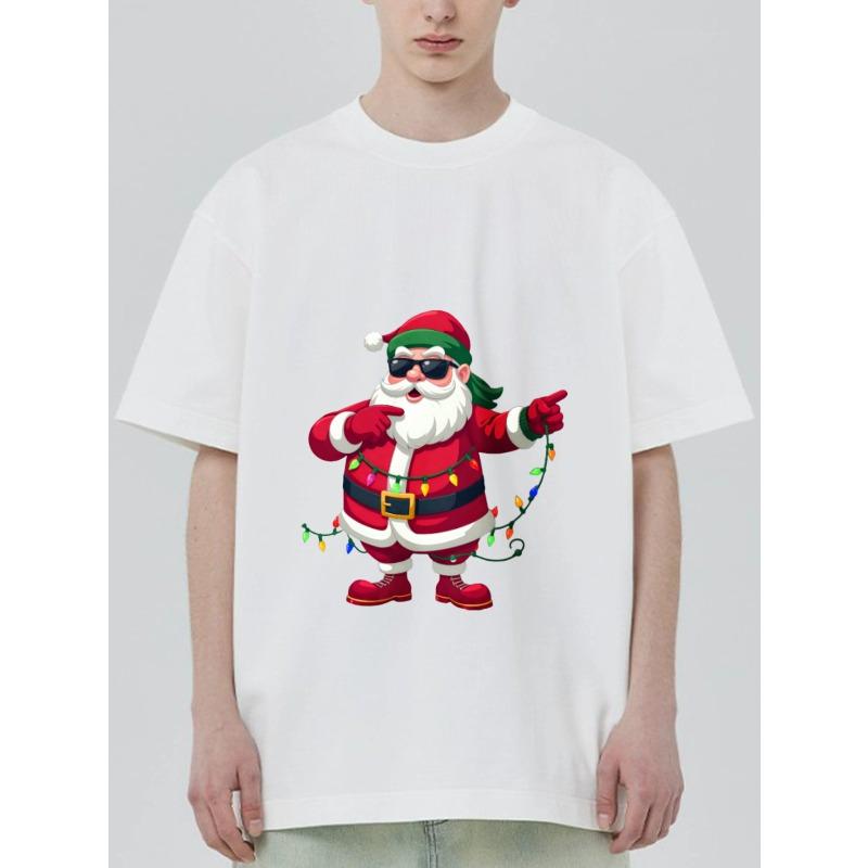 Christmas T Shirt Black Santa Claus with Sunglasses and Lights Print for Holiday Party