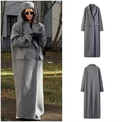 Stylový a elegantní kabát s klopami pro ženy podzim-zima dlouhý rukáv šik kapsa dvouřadé zapínání ležérní pouliční trenčkot
