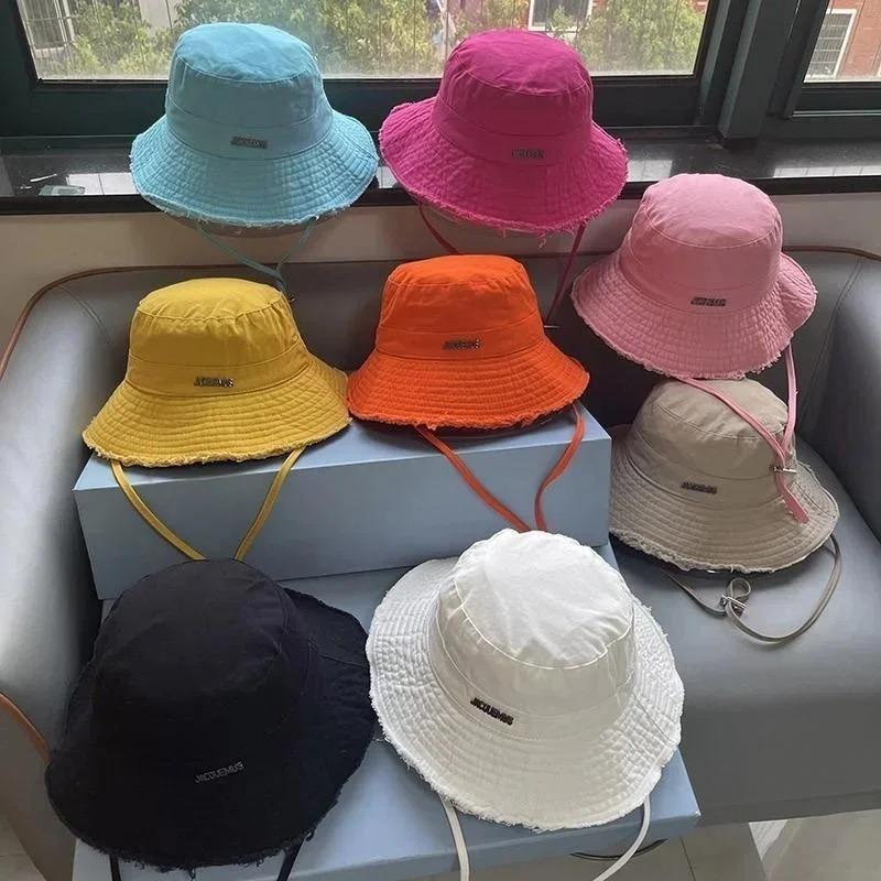 Designer Fisherman Hat Personalized Trend Letters Wide Eave Cap Summer Solid Color Sunproof Hanging Rope Bucket Hat for Adults