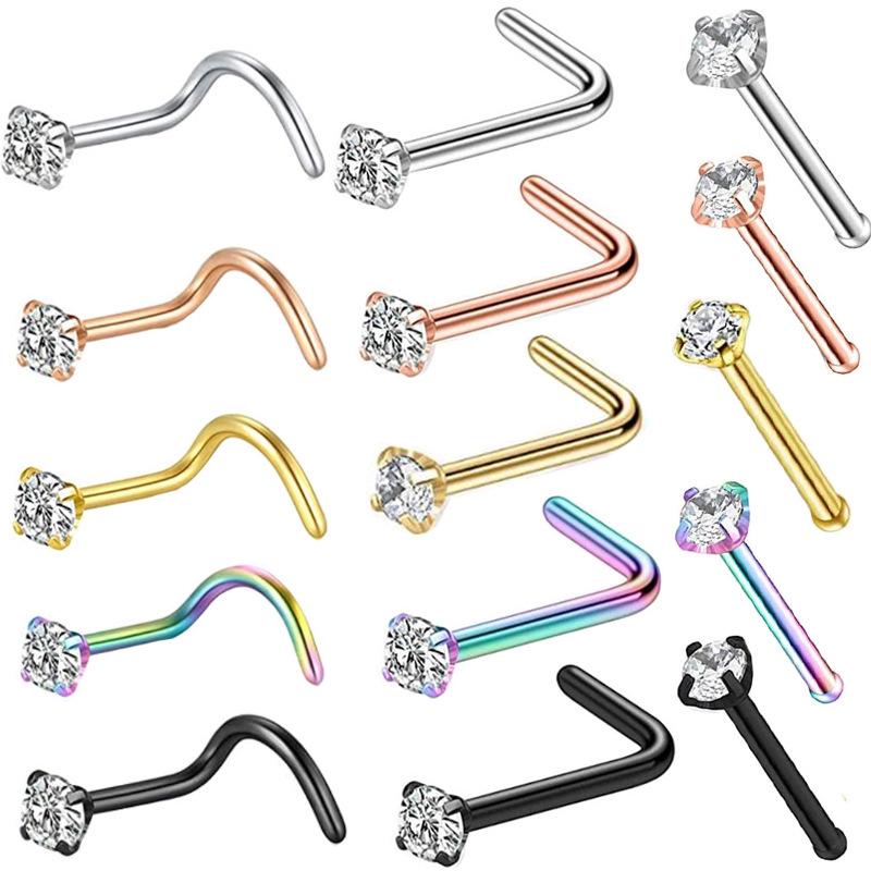 Nasen- & Ohrstecker-Set aus Edelstahl: Mini Zirkon, Gerade & Gebogene Stäbe