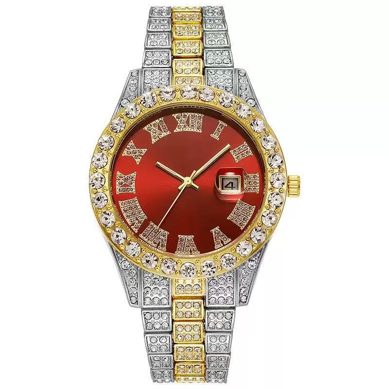 European and American Men's Watches, Steel Belt Diamond-encrusted Calendar Quartz Watches, High-end Roman Scale Business Leisure Watches