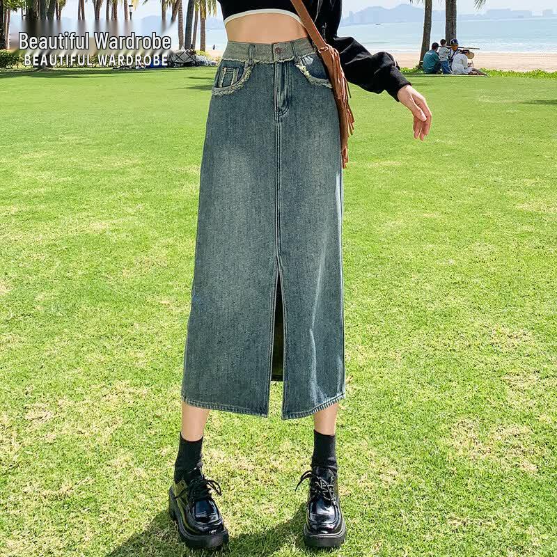 Women s Vintage Split High-Waisted A-Line Denim Midi Skirt XS