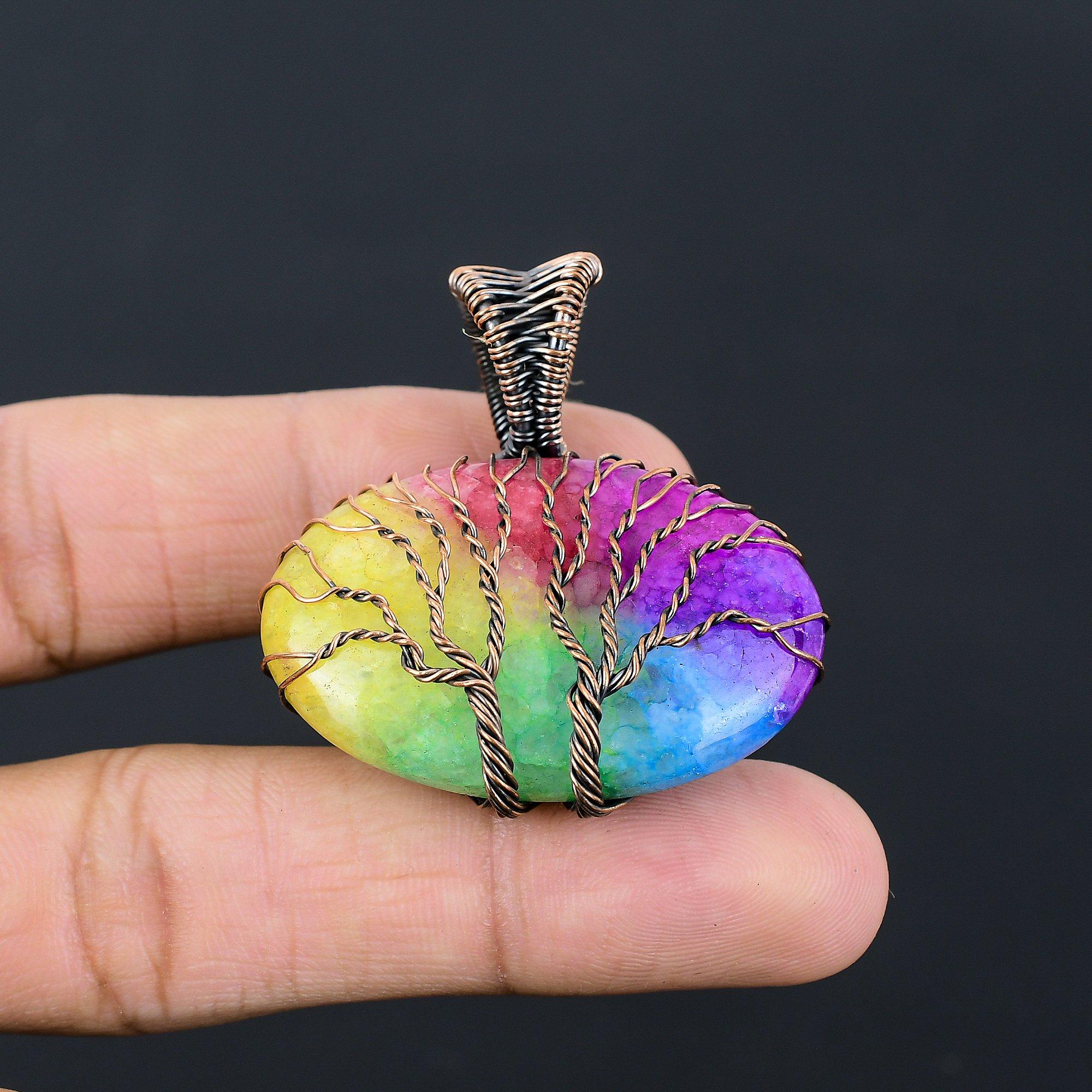 

Двойное Древо Жизни Радуга Солнечный Кварц Драгоценный Камень Ювелирные Изделия Ручной Работы Подвеска Из Чистой Медной Проволоки 2.40 Inches розовый