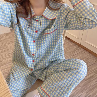 Long-Sleeved Pyjamas Female Autumn and Winter Leisure Ins Style Students Plaid Doll Collar Blue Plaid Homewear Suit