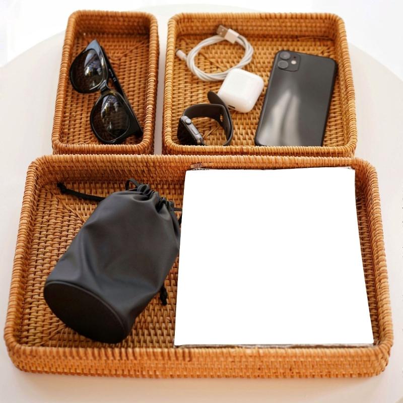 Natural Fiber Rattan Trays Set of 3 Rectangular Storage Baskets Handwoven Organizers for Coffee Table Bathroom Counter Decors
