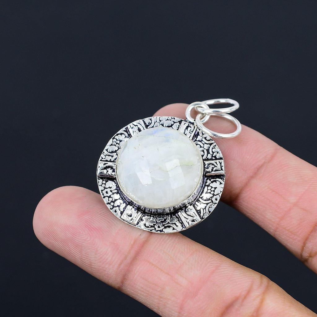 Mothers day Sale Rainbow Moonstone Stone 925 Sterling Silver Bezel Wife Pendant