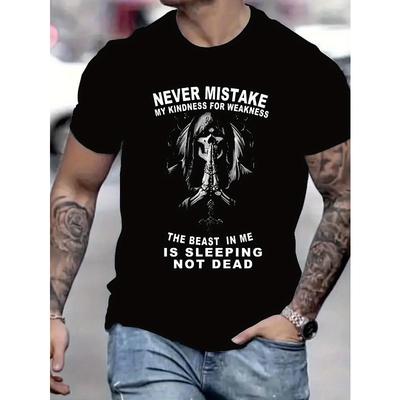 European Size Men's Bold Skull Graphic T-Shirt- Attitude Print, Black Polyester Crew Neck Tee, Street Style Short Sleeve, Machine Washable