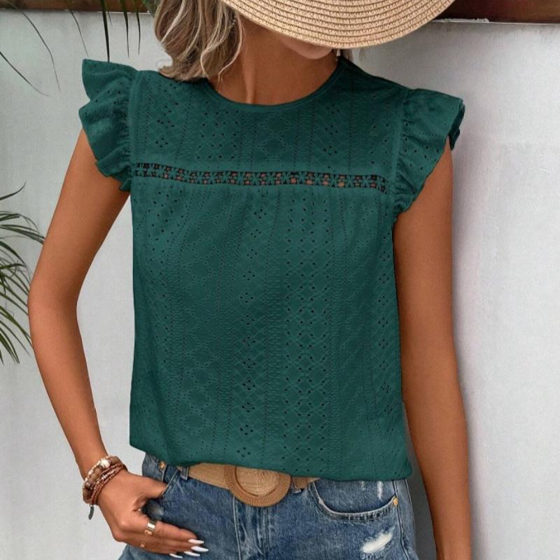 Summer New Round Neck Hollow Loose Lace Shirts Women Elegant Solid Ruffled Short Sleeve Casual Blouse Women Tops Slim Fit Vintage Fashion Shirt 26600
