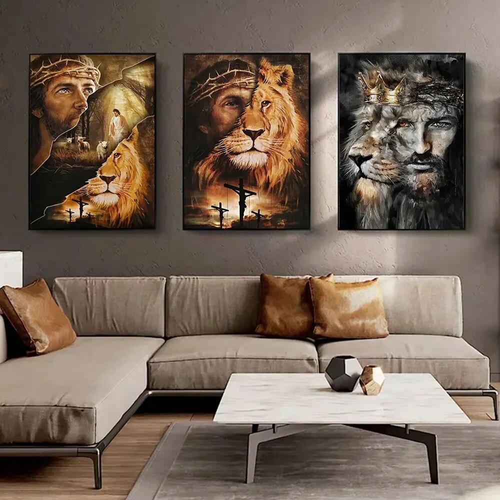 Vintage Animal Lion And Jesus Poster Prints Canvas Painting Cross Christian Wall Art Pictures For Religion Room Home Decor Mural