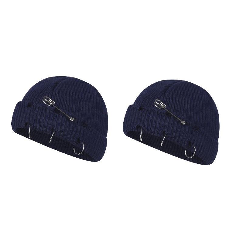 Women Girls Y2k Gothic Beanie Winter Knit Hats Trendy Metal Rings Pin Hip Hop Streetwear Harajuku Skull Cap Emo Scene Grunge