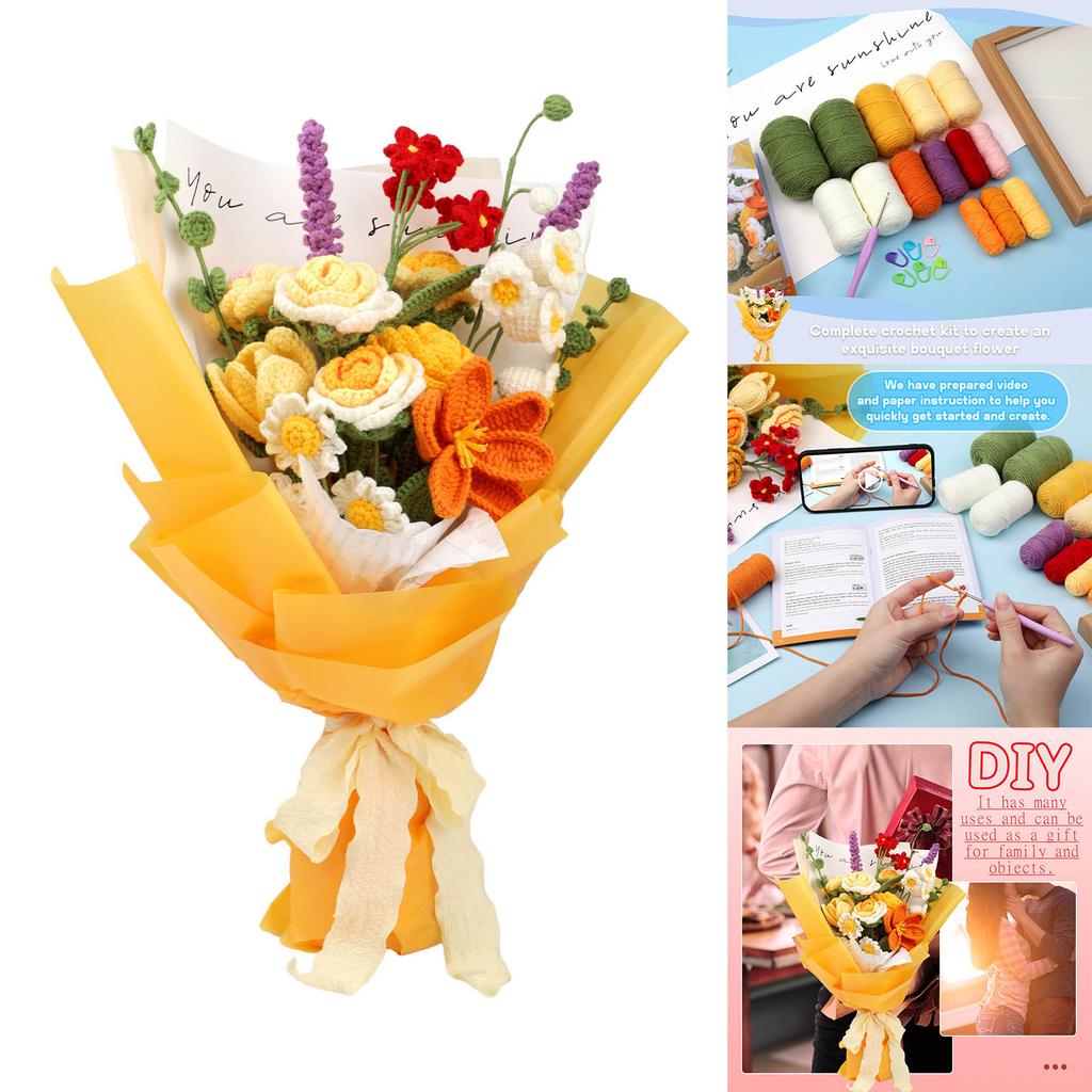 DIY Crochet Flower with Yarn Crochet Hook Needle Step-by-Step Instruction Knitting Markers for Kid Adult DIY Craft