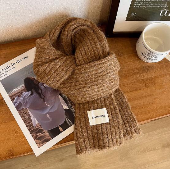 Korean cotton knitted wool scarf women's autumn and winter atmosphere white thickened warm solid color scarf
