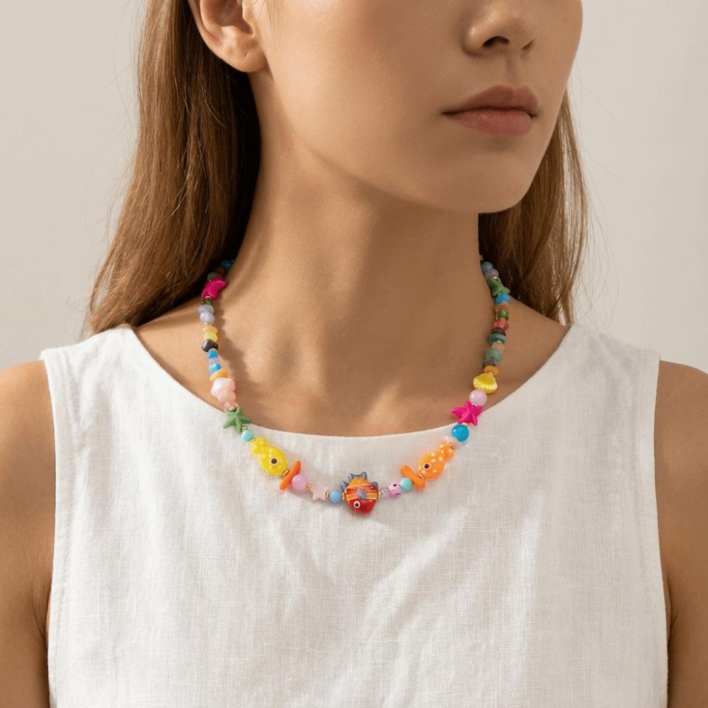 Resin Fish Charms Pendant Scallops Beaded Necklace Jewelry Colorful Fish Necklace Women