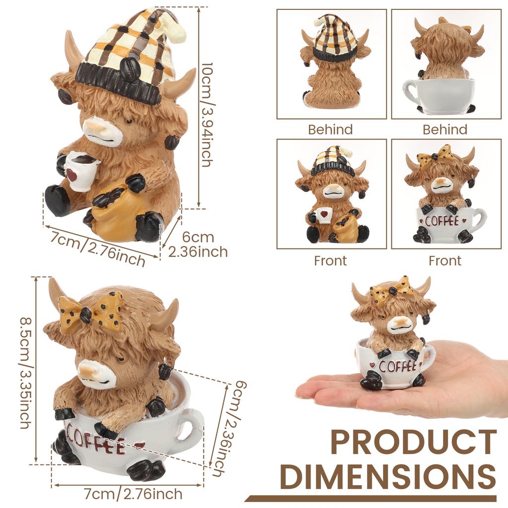 2Pcs Highland Cow Statue Home Ornament Resin Statue Ox Figurine for Home Bookshelf Office Table Decor Figurine As Birthday Gift