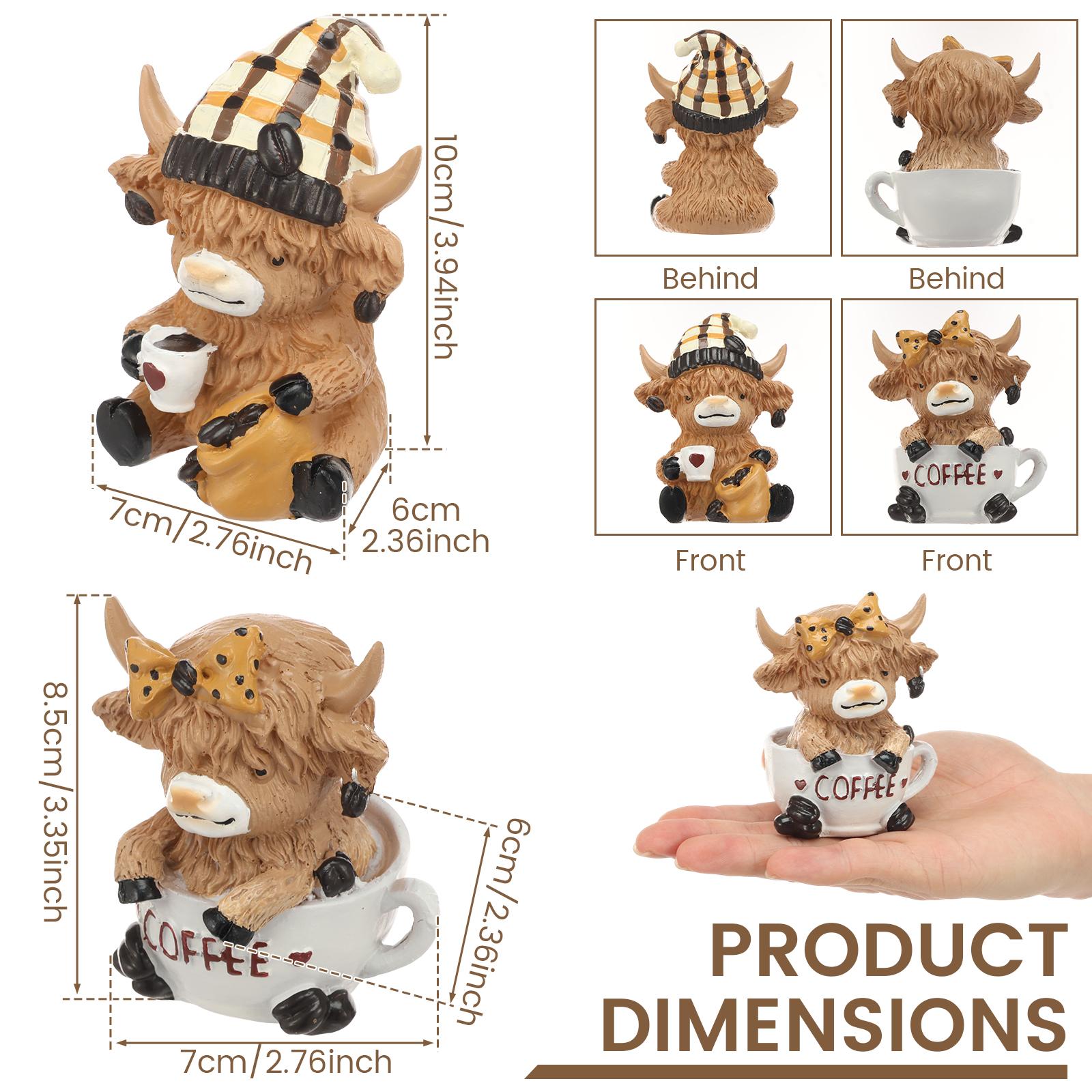 2Pcs Highland Cow Statue Home Ornament Resin Statue Ox Figurine for Home Bookshelf Office Table Decor Figurine as Birthday Gift