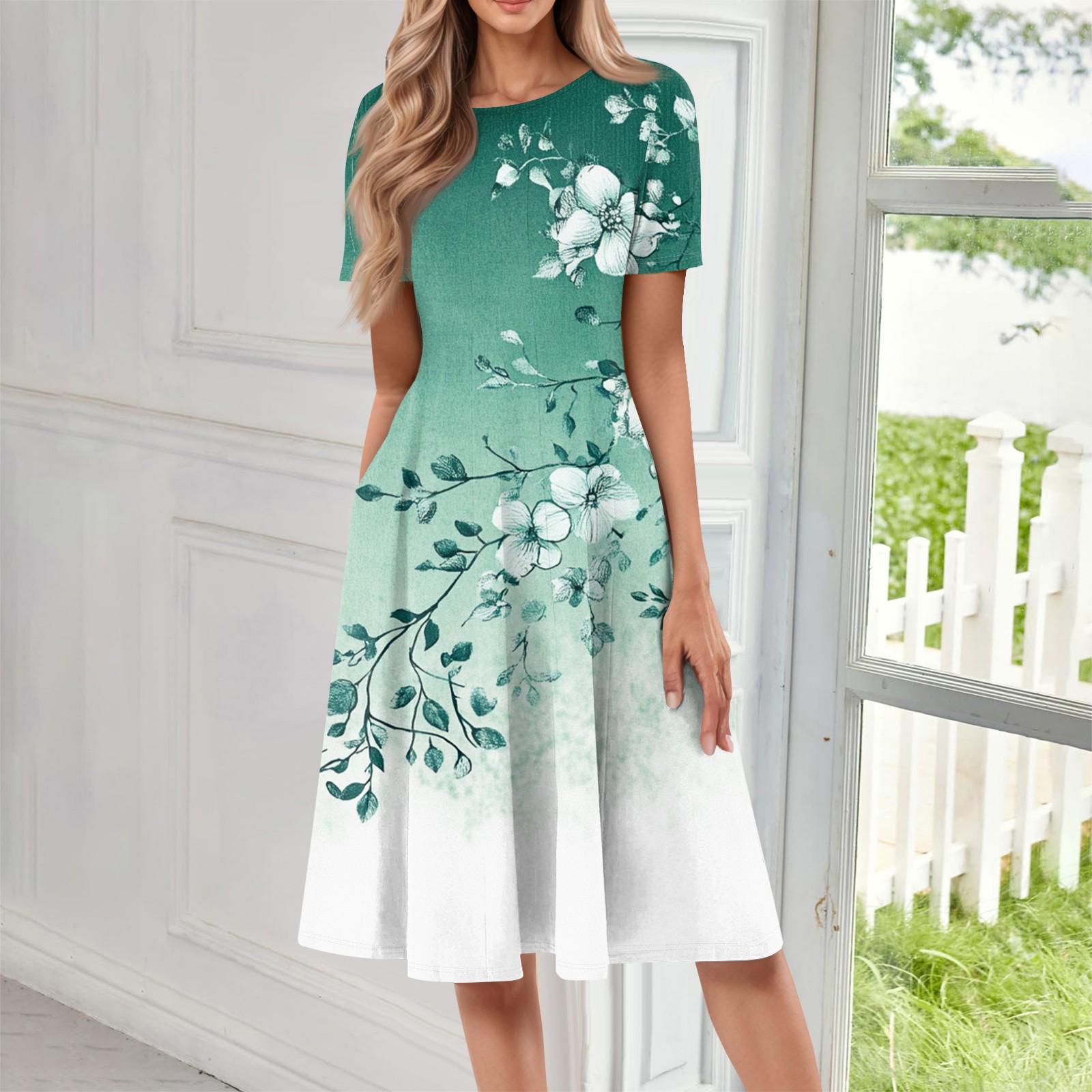 

Женское повседневное модное платье миди с круглым вырезом и коротким рукавом с принтом L зелёный