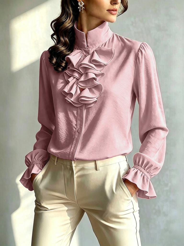 European and American Temperament Commuter Stand-up Collar Long-sleeved Polyester Shirt Women's Elegant Style Autumn New Solid Color Versatile Top