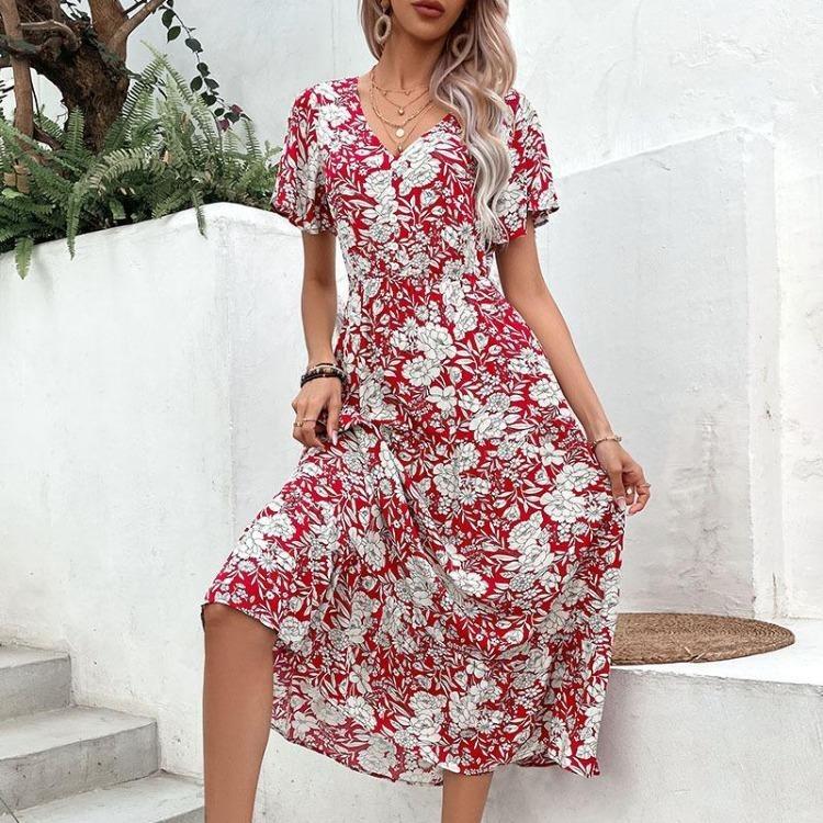 Summer Floral Dress Mid Length Fashion European American Women Holiday Small вино красного