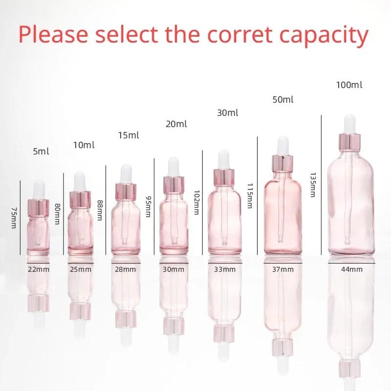 Flacons compte-gouttes rechargeables 5-100 ml avec couvercle rose, récipient cosmétique en verre rose, liquide d'aromathérapie pour pipette d'huile essentielle de massage