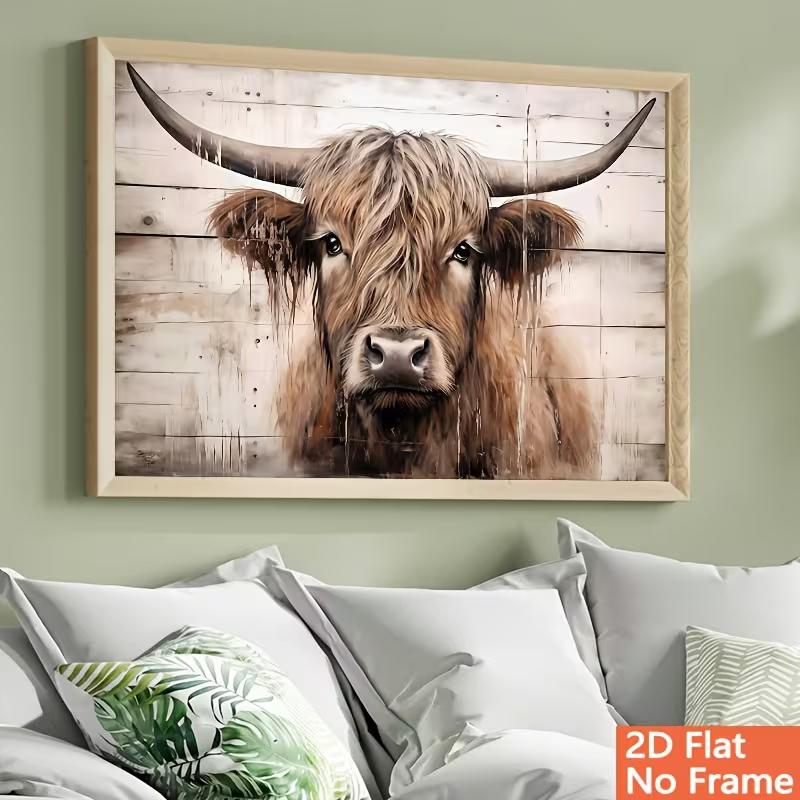 Highland Cow Canvas Wall Art - Scottish Cow Farm Animal Print, Rustic Scottish Borders Cattle Picture for Farmhouse Cottage Decor