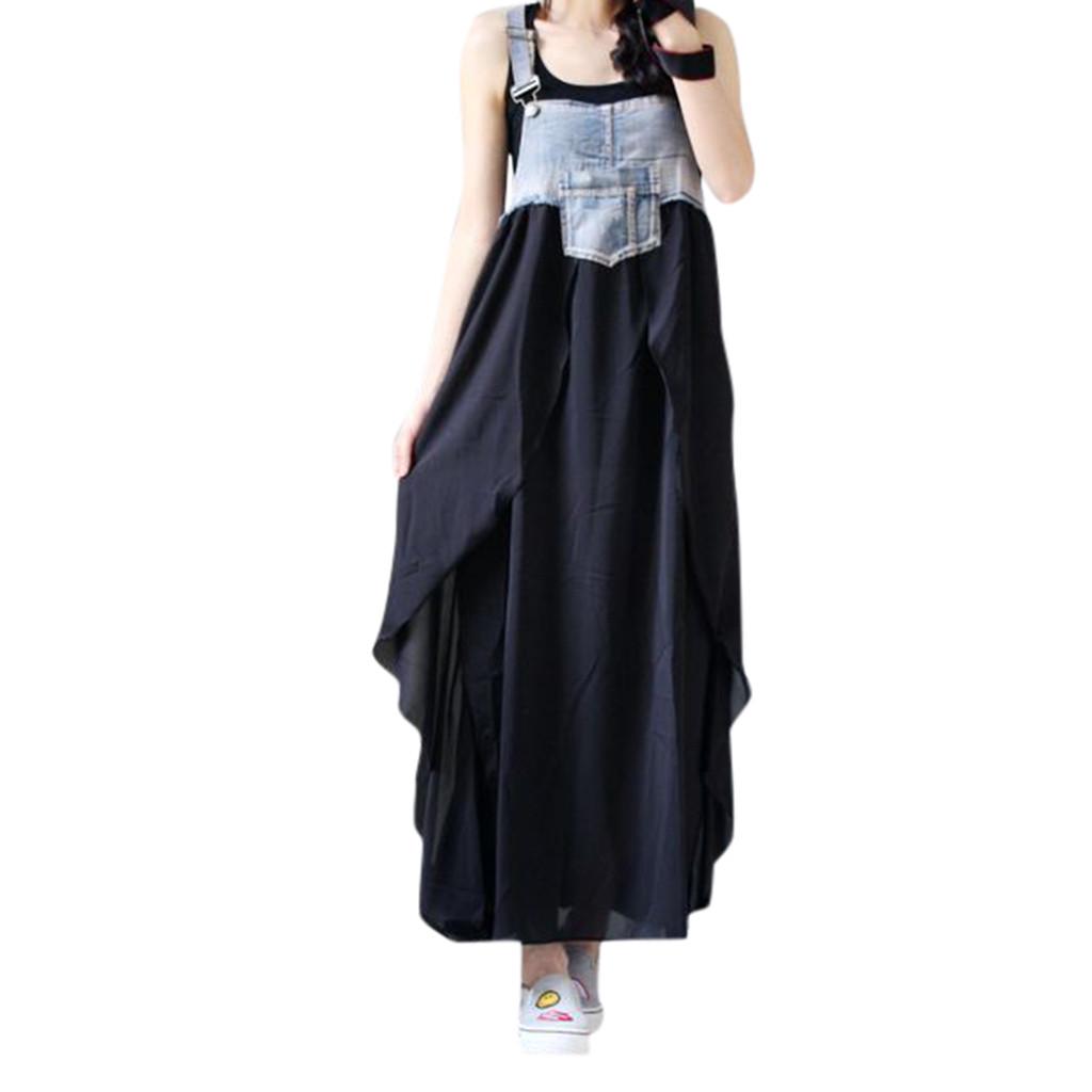 Women's Summer Casual Jeans Splicing Chiffon Strap Ruffles Dress