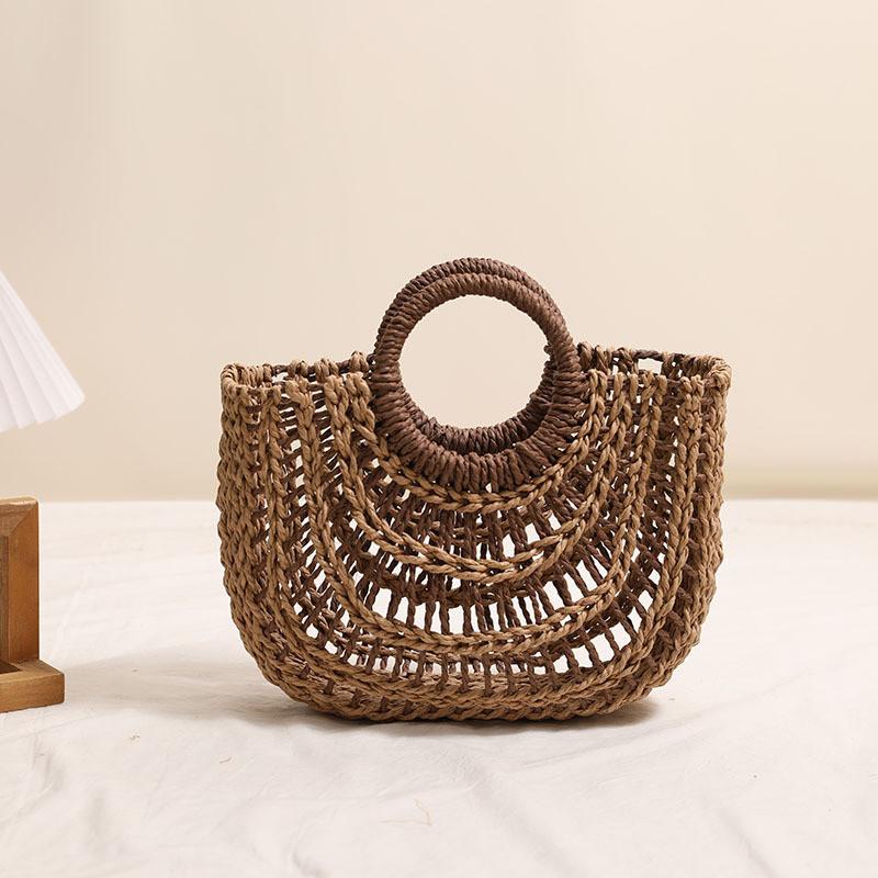 IELGY Fashion Hollow Semicircle Portable Straw Bag Round Handle Contrast Color Woven Vacation Beach Bag