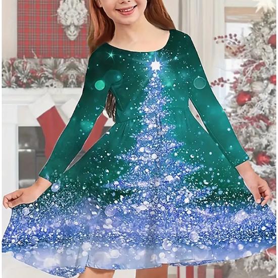 

Повседневное платье для девочки с принтом 3D рождественской елки, круглым вырезом и длинными рукавами, детское платье принцессы 170 зелёный