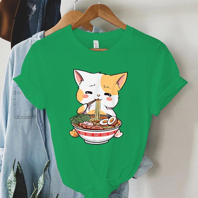 Tshirt Print Lovely Cat Ramen Cute Graphic Tee Casual Shirt Women Oversized Loose Fashion Trend Tshirt Cat Ramen Summer Shirt