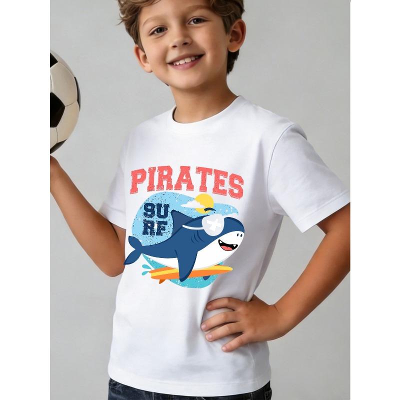 Boys Cartoon Shark & Letter Combined Graphic Crewneck Short Sleeve T-Shirt 110