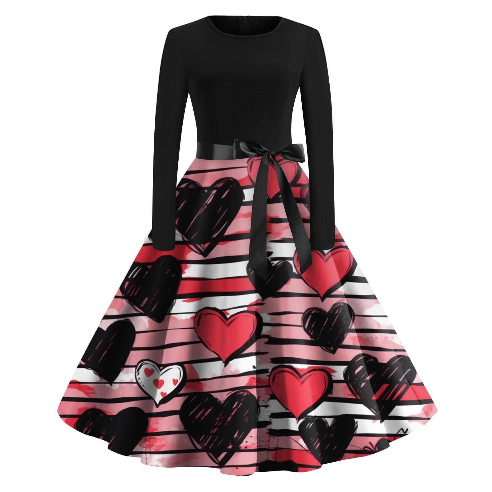 

Женское винтажное классическое платье с длинным рукавом и принтом на День святого Валентина, свободное платье с круглым вырезом M чёрный