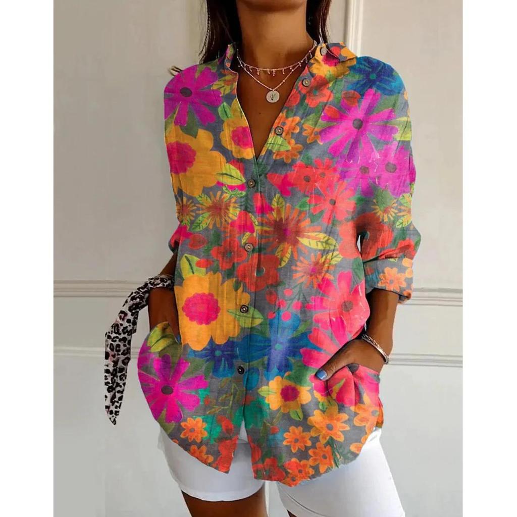 Ladies, Casual, Long Sleeved, Button Up Shirt, Floral Print, Machine Washable, Casual, Loose Fit