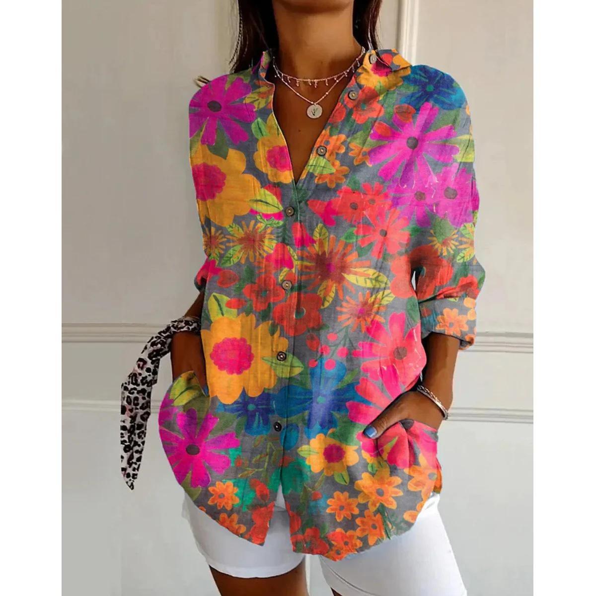 

Женская, Повседневная, С длинным рукавом, Рубашка на пуговицах, Цветочный принт, Машинная стирка, Повседневная, Свободный крой 2XL